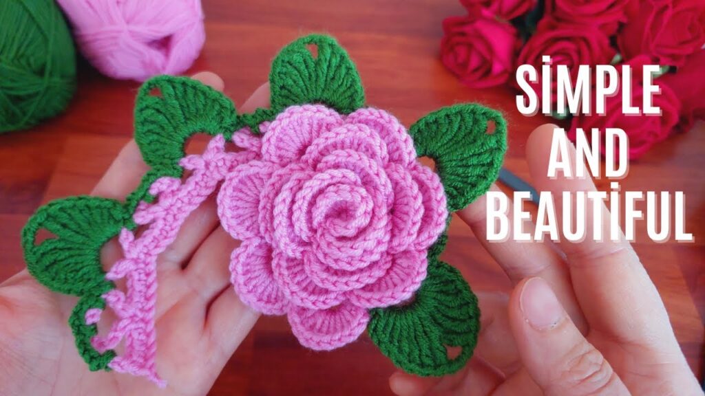 💯Amazing Crochet: How to Make 3D Tea Rose with Leaves🌷Crochet Flower Tutorial