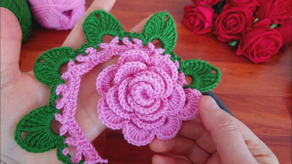💯Wonderful Crochet: How to Make 3D Tea Rose with Leaves🌷Crochet Flower Tutorial